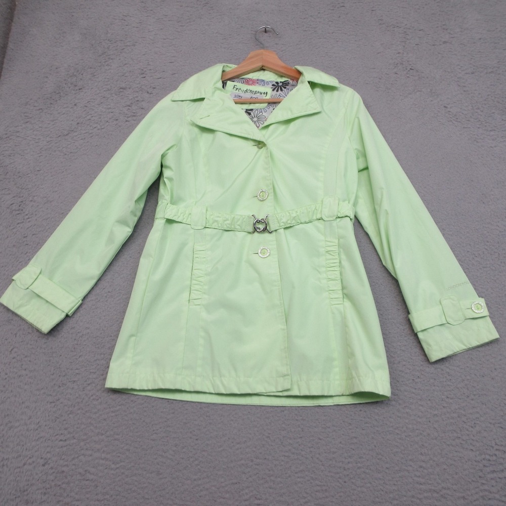London Fog Raincoat Girls L 14/16 Lime Green Hooded Floral Lined Belted Casual